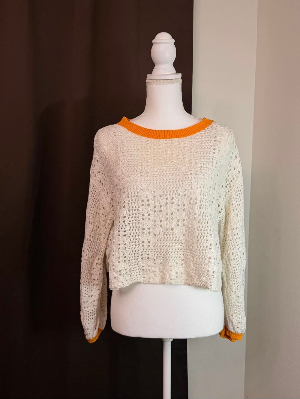 Free People Cream Open-Knit Sweater with Orange Trim